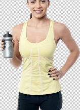 Cheerful fitness woman holding sipper bottle
